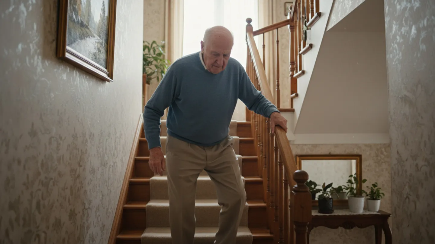 Ein alter Mann geht die Treppe herunter. Er muss sich am Geländer festhalten, weil das Treppensteigen mühsam geworden ist. Der Mann ist auf Pflege angewiesen.